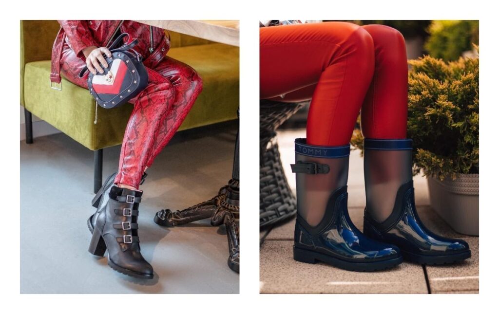 dos mujeres en pantalones rojos una con botines otra con botas de agua